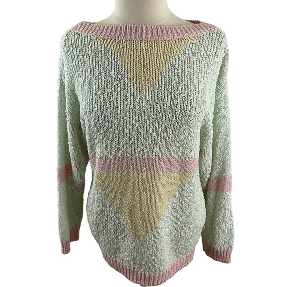 Vintage 80s Here's a Hug Knit Sweater Pastel Loose Knit Chenille - Picture 2 of 7